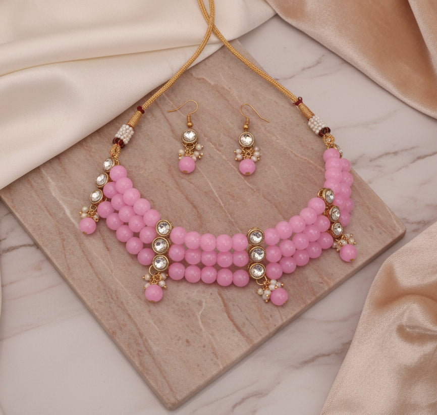 Beautiful Beads With Crystal Kundan Choker Necklace Set