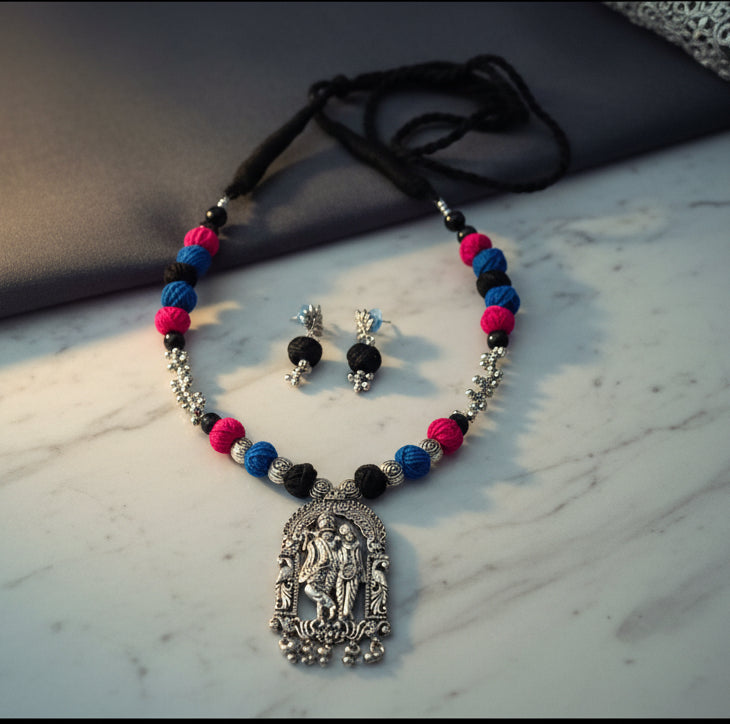 Oxidised Silver Plated Adjustable Cotton Thread Necklace Set