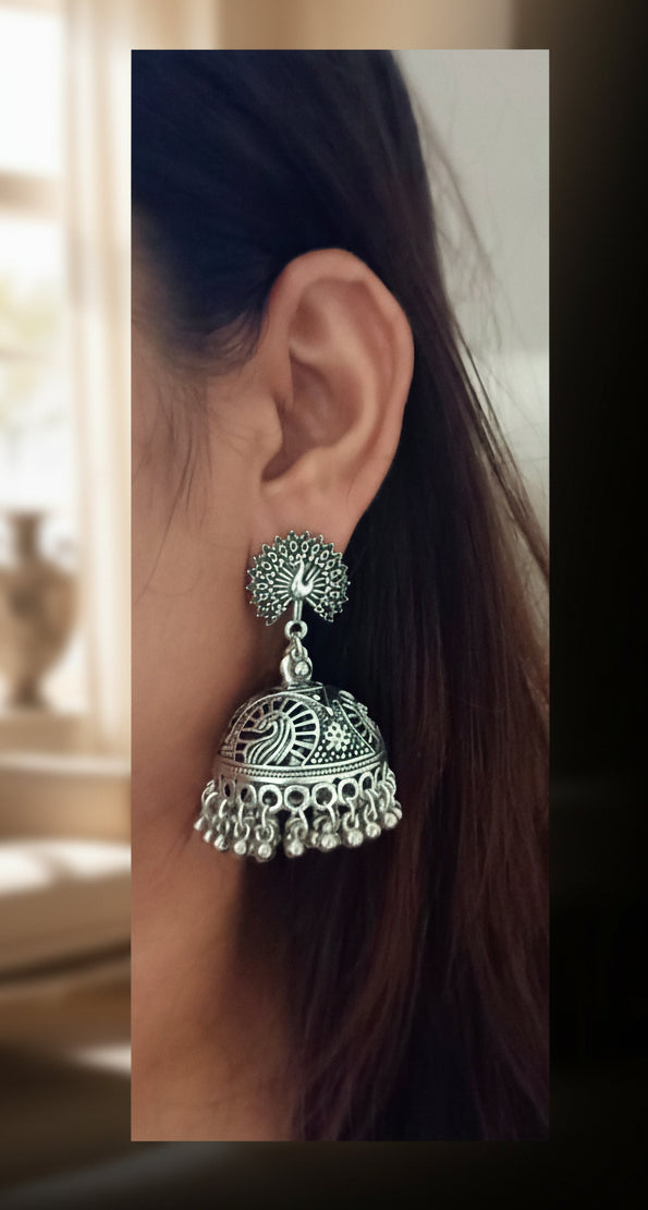 Oxidised Silver- Plated Dome Shaped Jhumkas