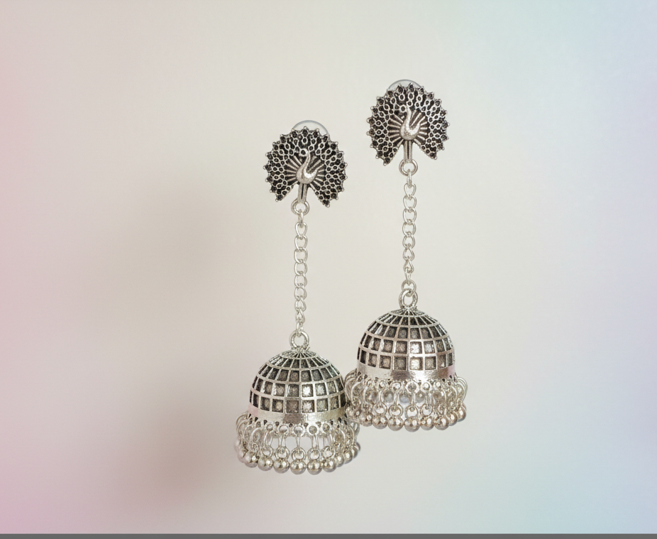 Oxidised Silver Plated Chain Jhumkas