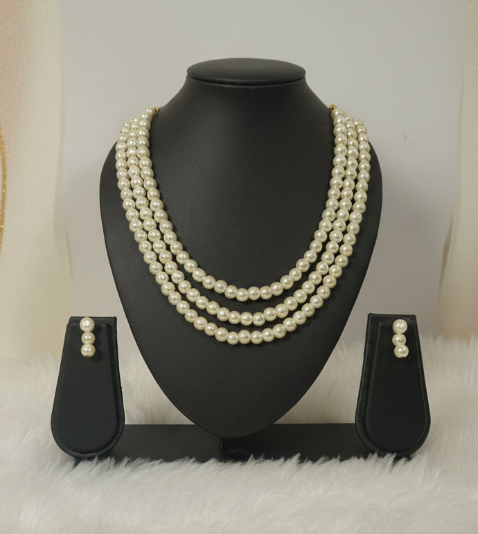 Off- White Pearl Necklace Set (3 Layers 8mm)