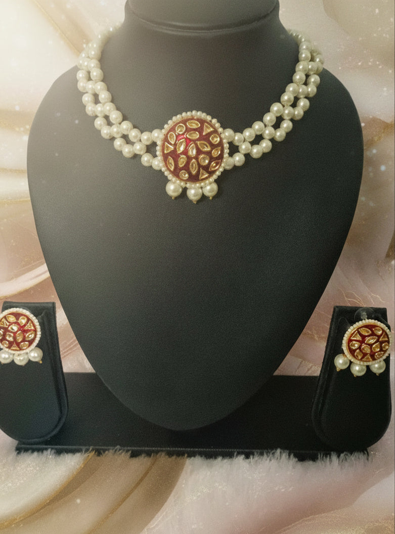 Kundan Pendant with Off White Pearl Necklace Set