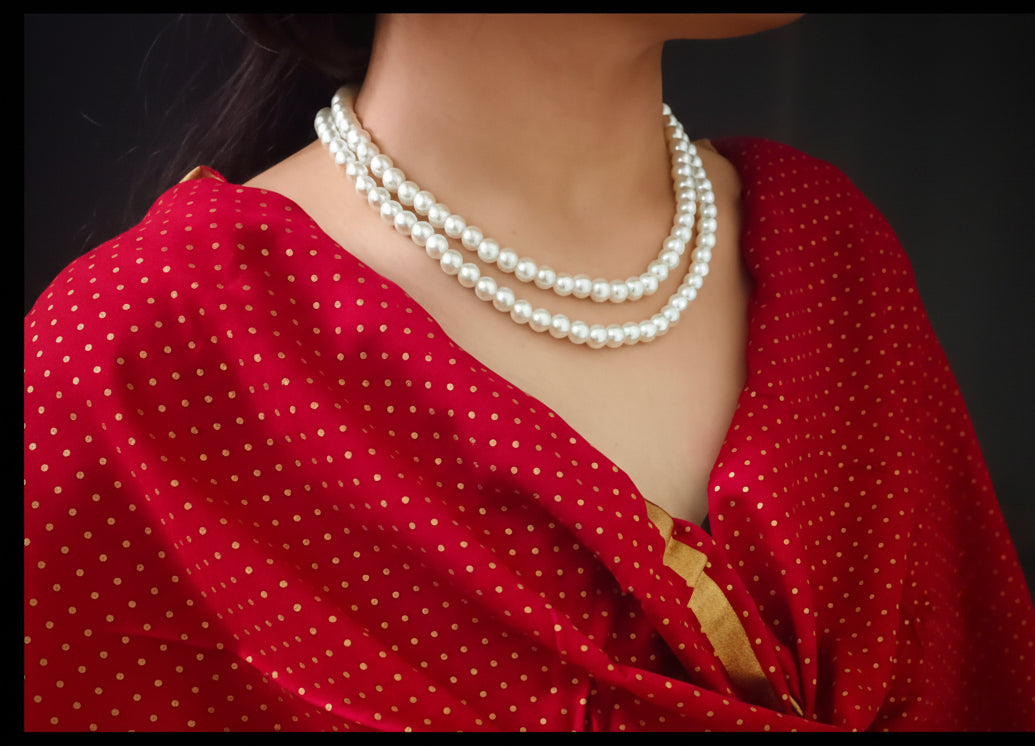 Off- White Pearl Necklace Set (2 Layers 8mm)