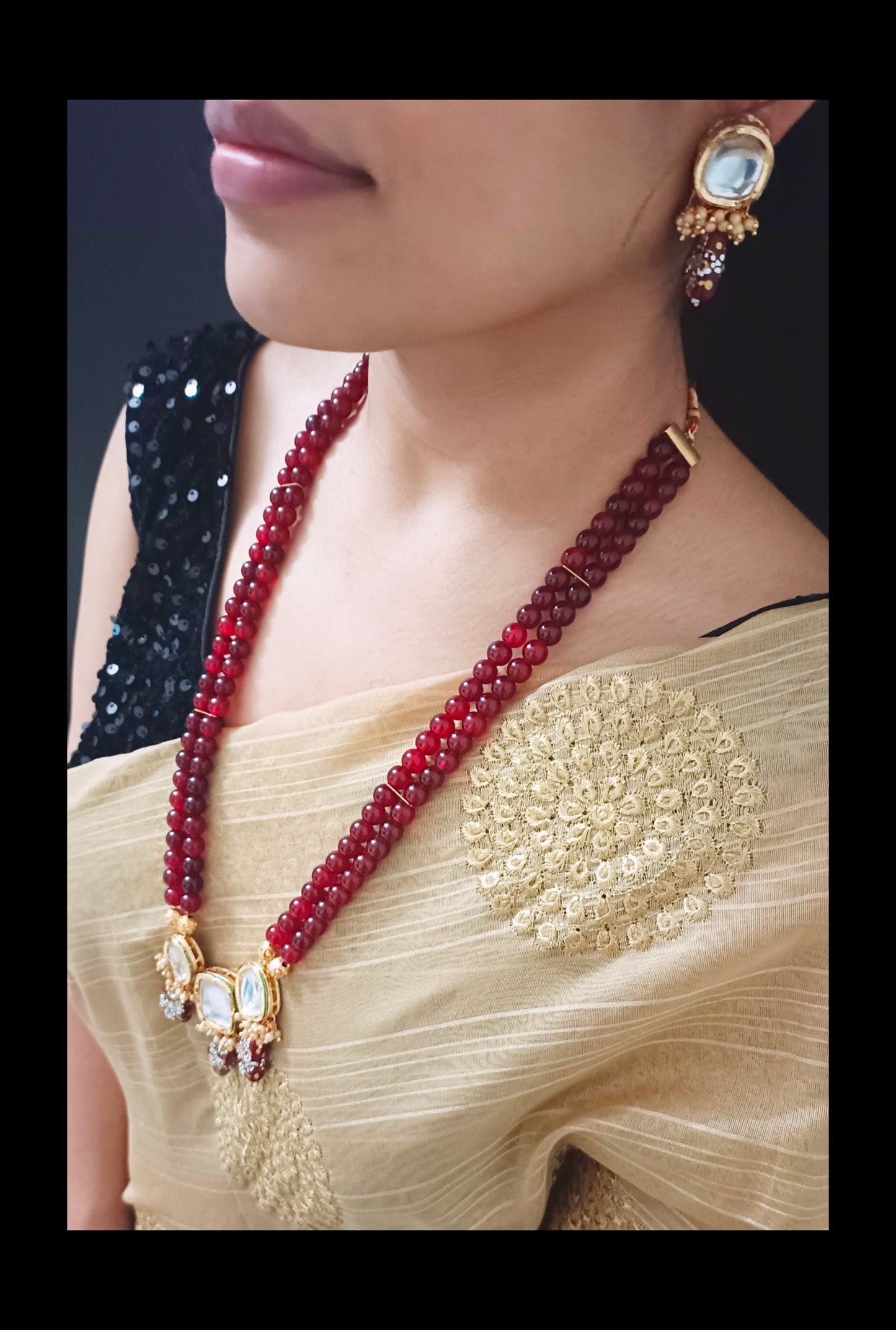 Gold-Plated Maroon Beads Kundan Necklace Set