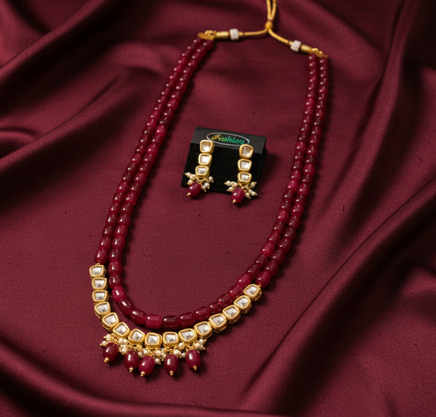 Gold-Plated Maroon Rani-Haar Necklace Set
