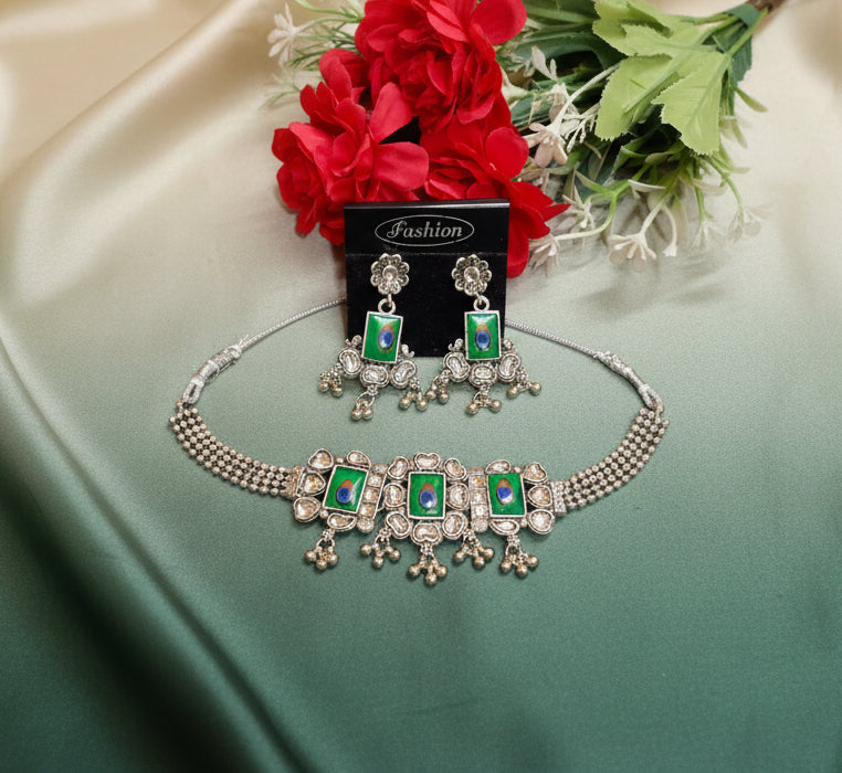 Oxidised Jewellery Choker Set with Earrings (peacock pattern)