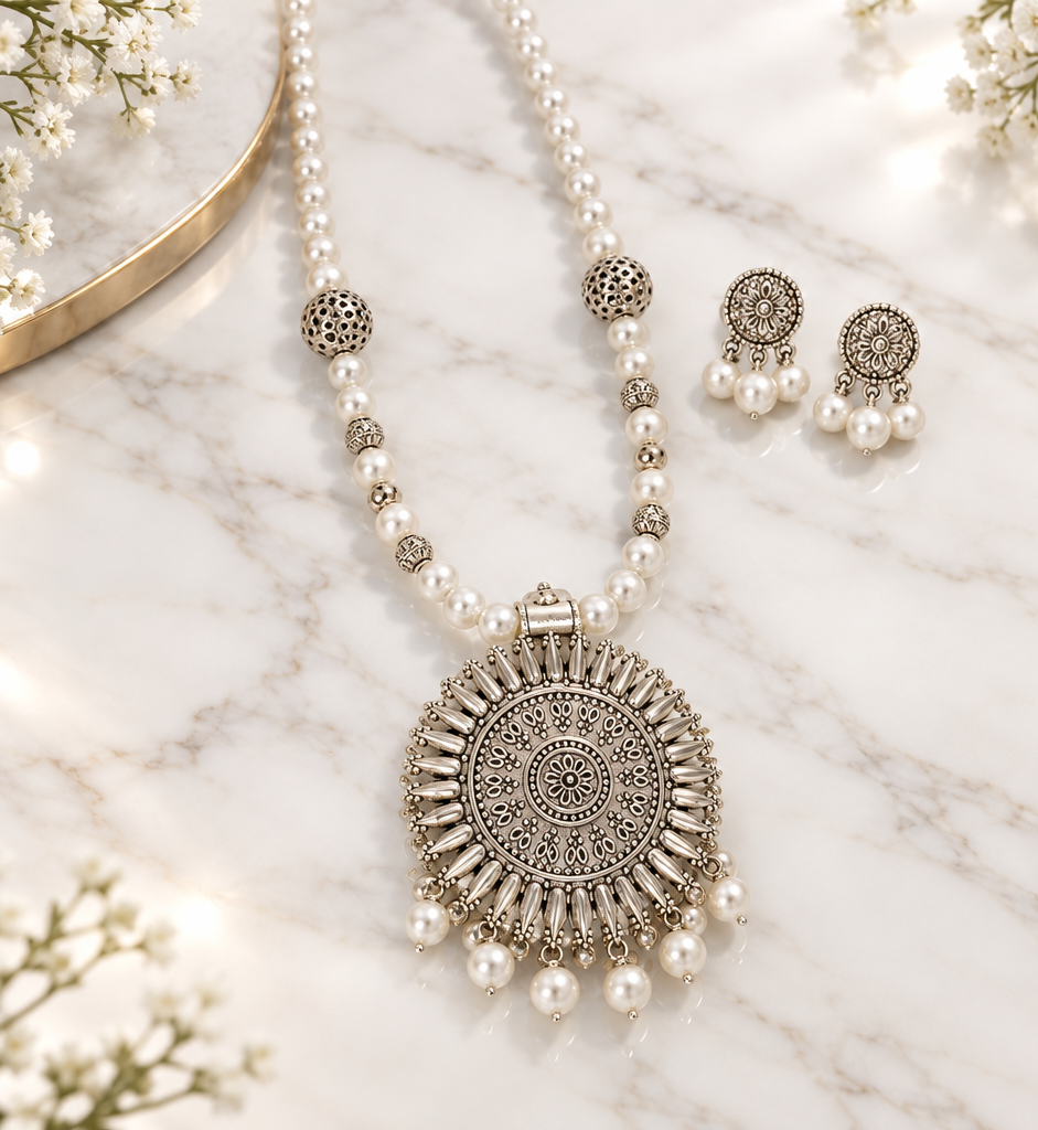 Oxidised White Pearl Necklace Set