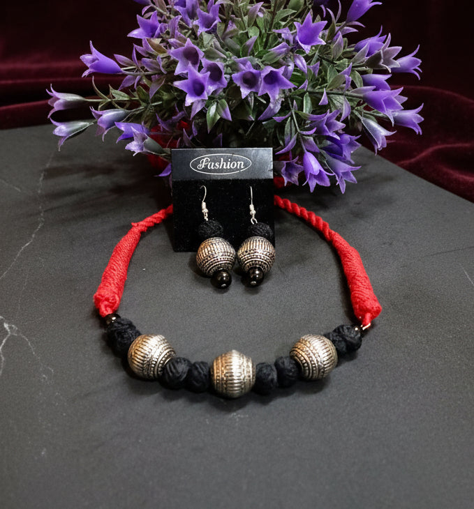 Oxidised Silver Plated Adjustable Cotton Thread Necklace Set