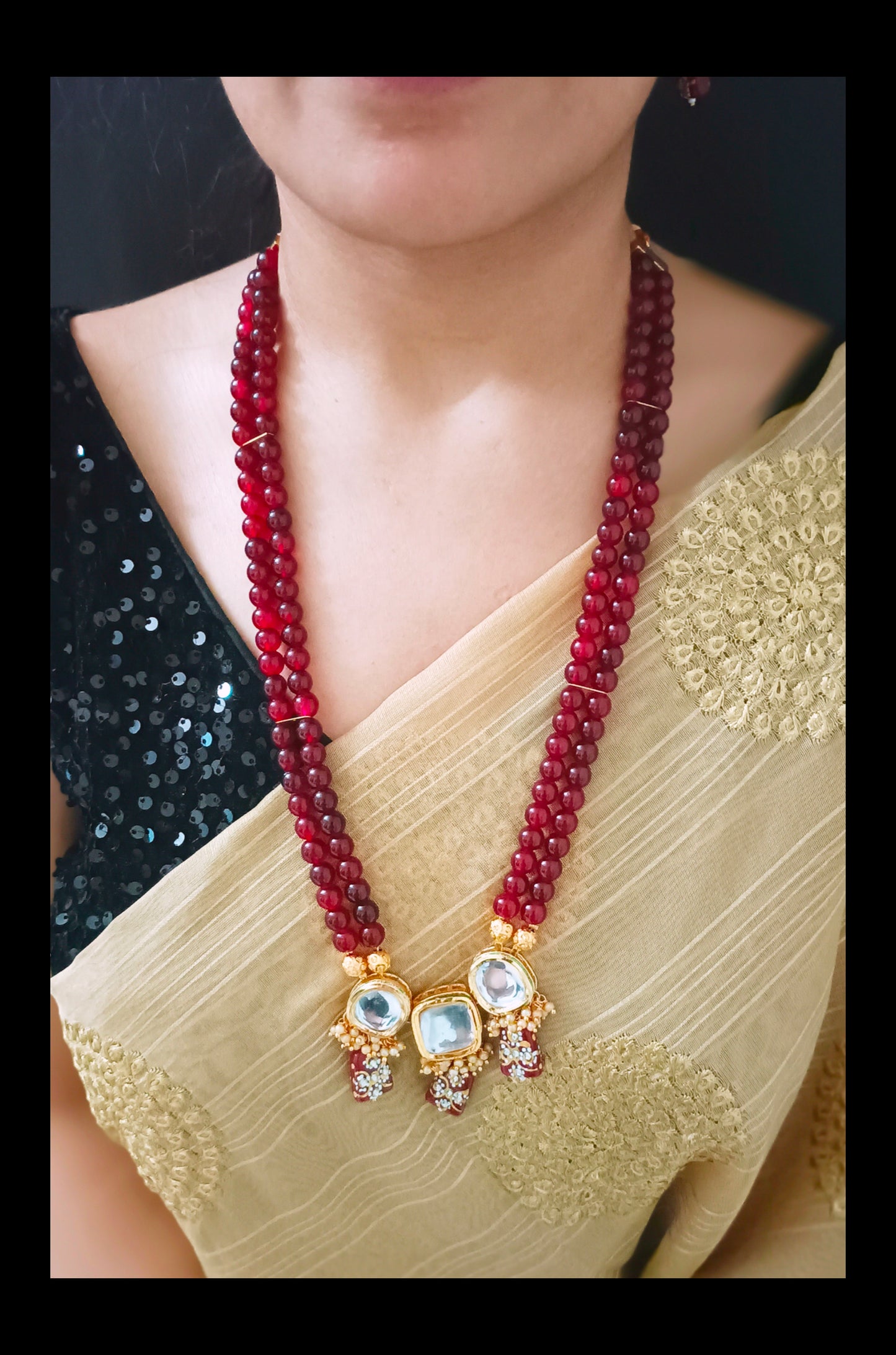 Gold-Plated Maroon Beads Kundan Necklace Set