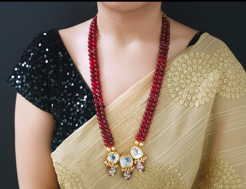 Gold-Plated Maroon Beads Kundan Necklace Set