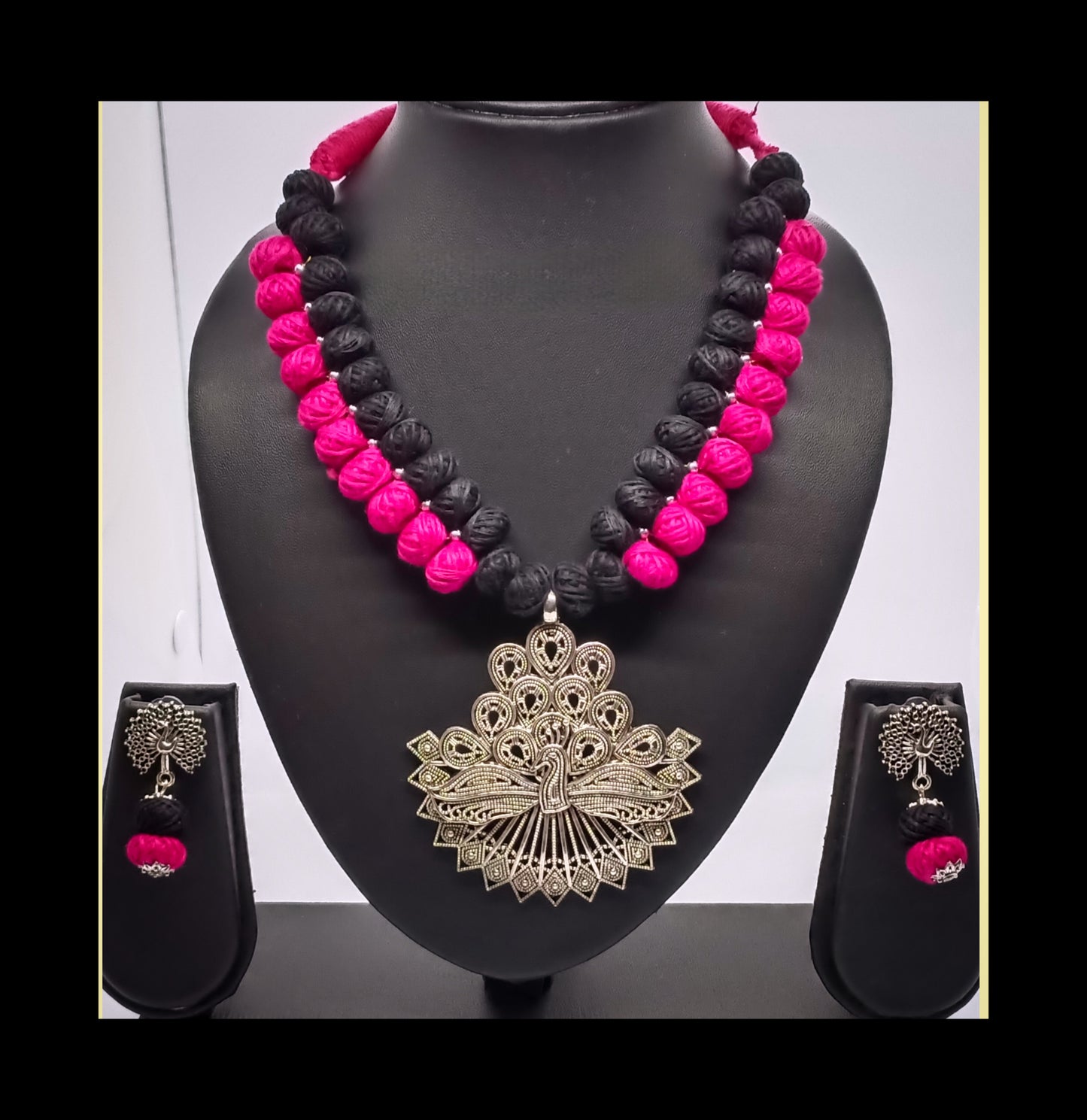 Oxidised Silver Plated Cotton Beads Adjustable Cotton Thread Necklace Set