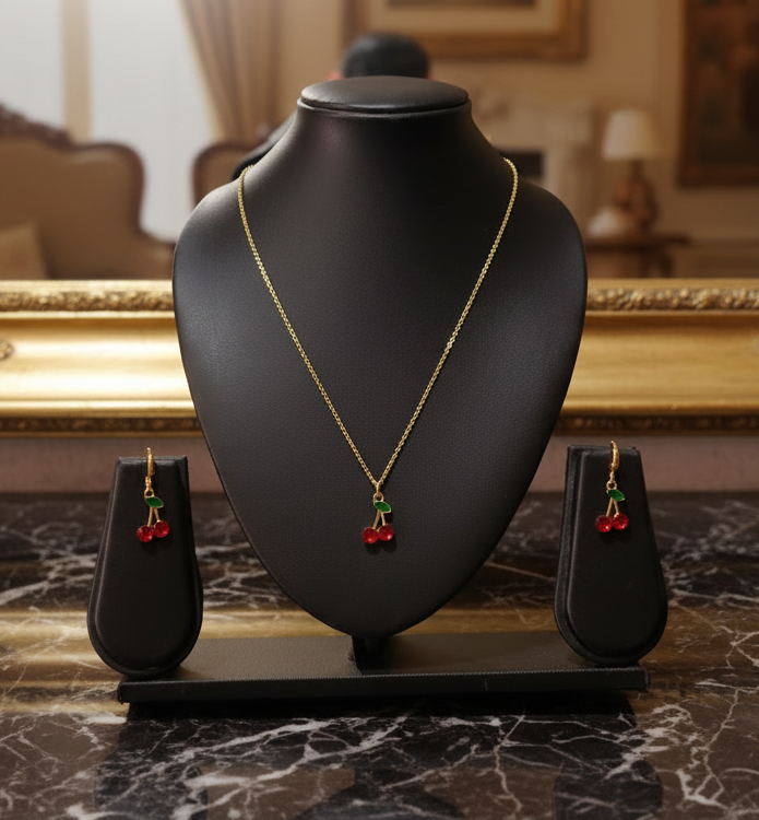 Anti-tarnish Gold-Plated Cherry Pendant Necklace Set