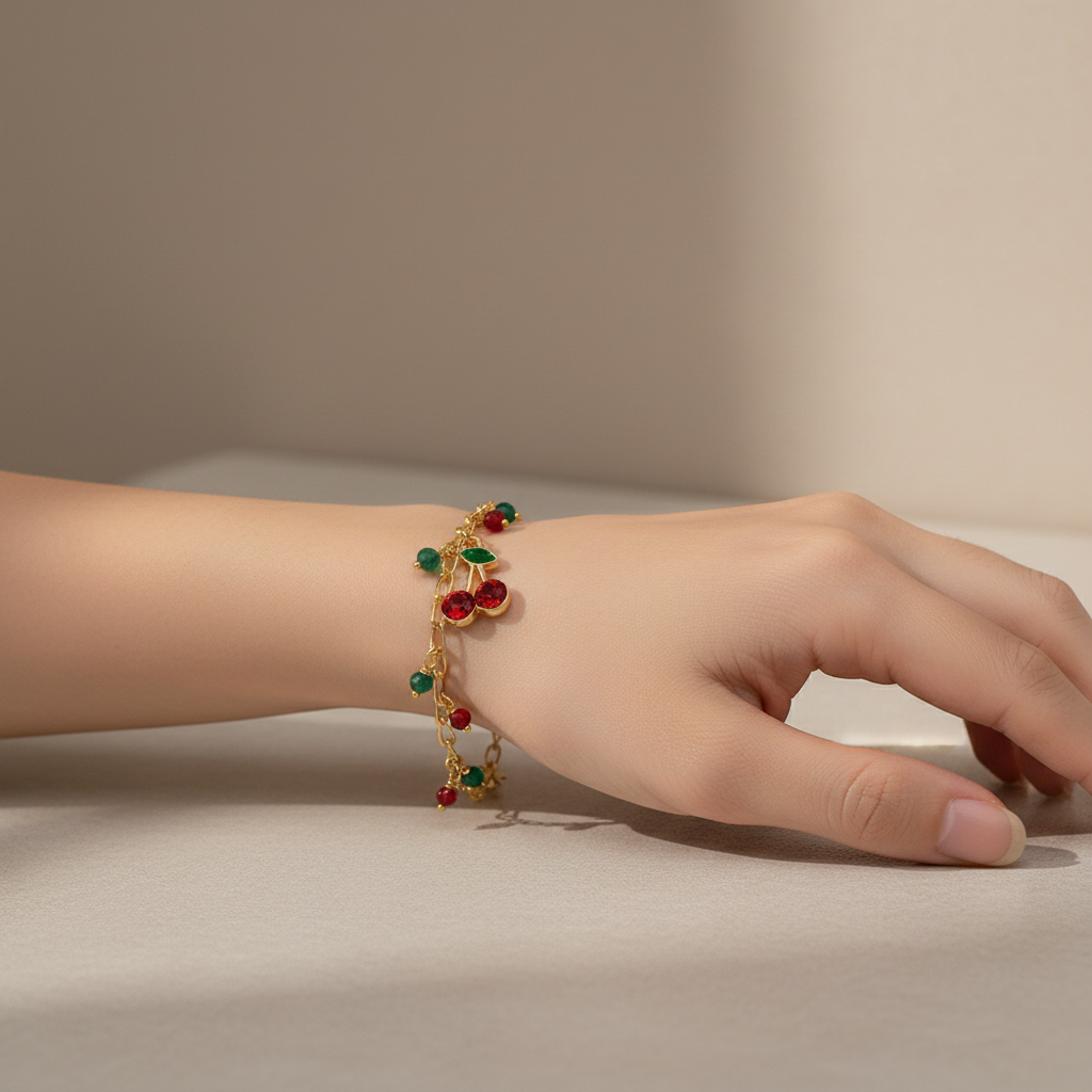 Gold-Plated Cherry Charm Crystal Beads Bracelet