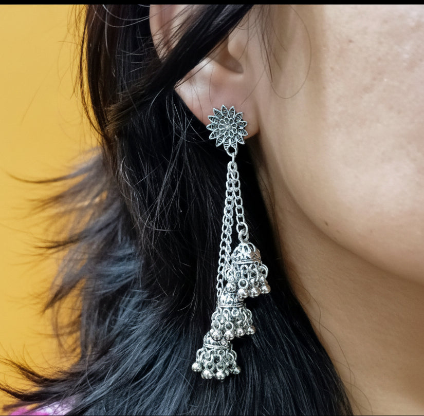Oxidised Silver Plated Chain Jhumkas