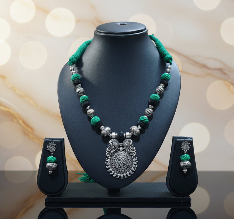 Oxidised Adjustable Black & Green Thread Necklace Set