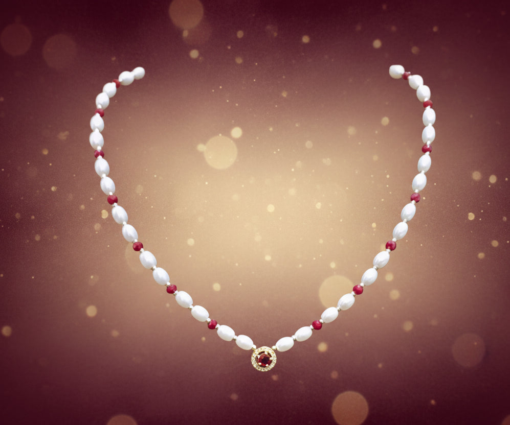 White & Crystal Maroon Golden AD Necklace