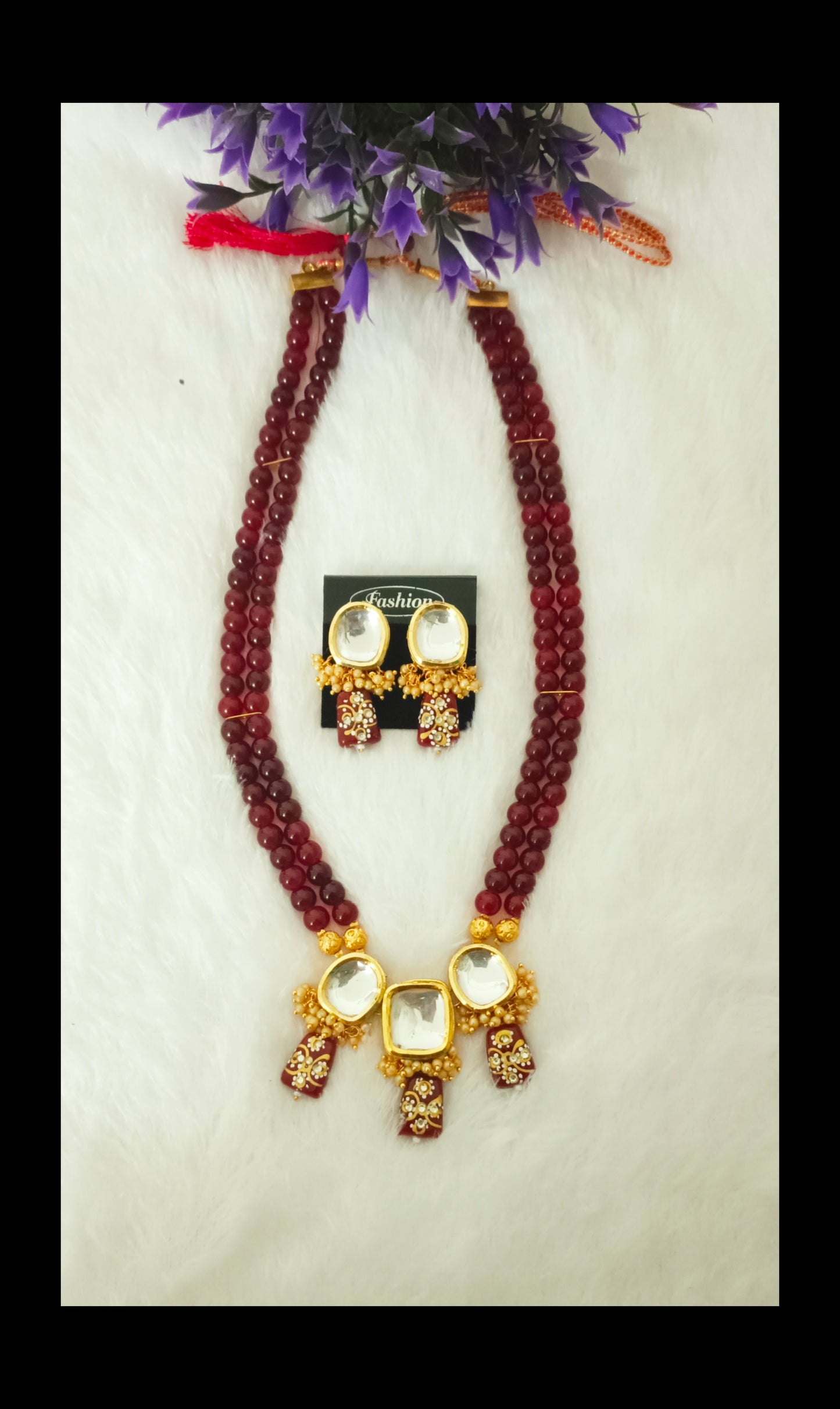 Gold-Plated Maroon Beads Kundan Necklace Set