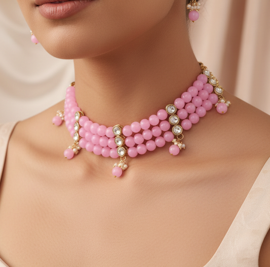 Beautiful Beads With Crystal Kundan Choker Necklace Set