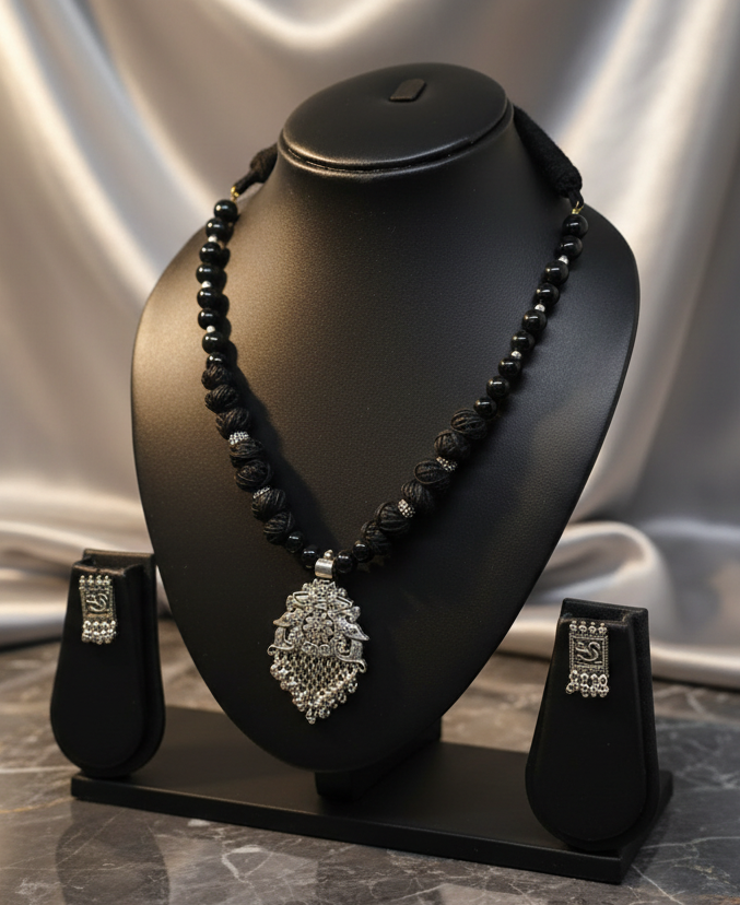 Oxidised Silver Plated Adjustable Cotton Thread Necklace Set