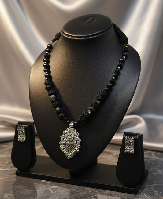 Oxidised Silver Plated Adjustable Cotton Thread Necklace Set