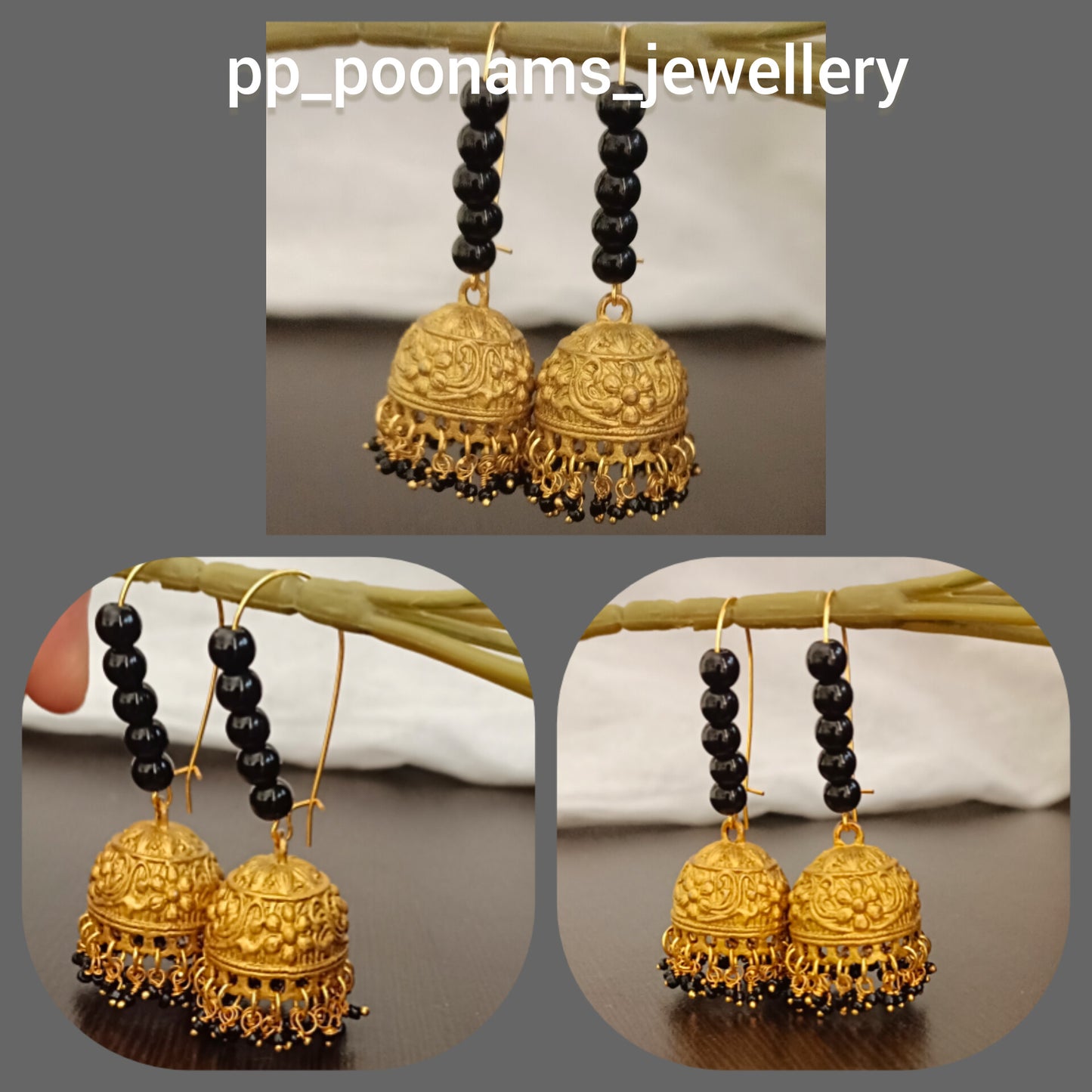 Gold Matte Finish With Black Beads Jhumkas