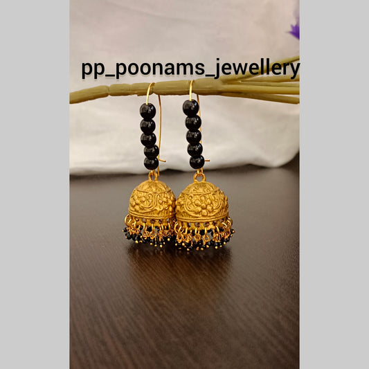 Gold Matte Finish With Black Beads Jhumkas