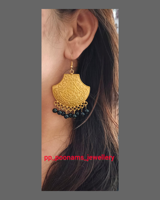 Gold Matte Finish with Black Beads Earring