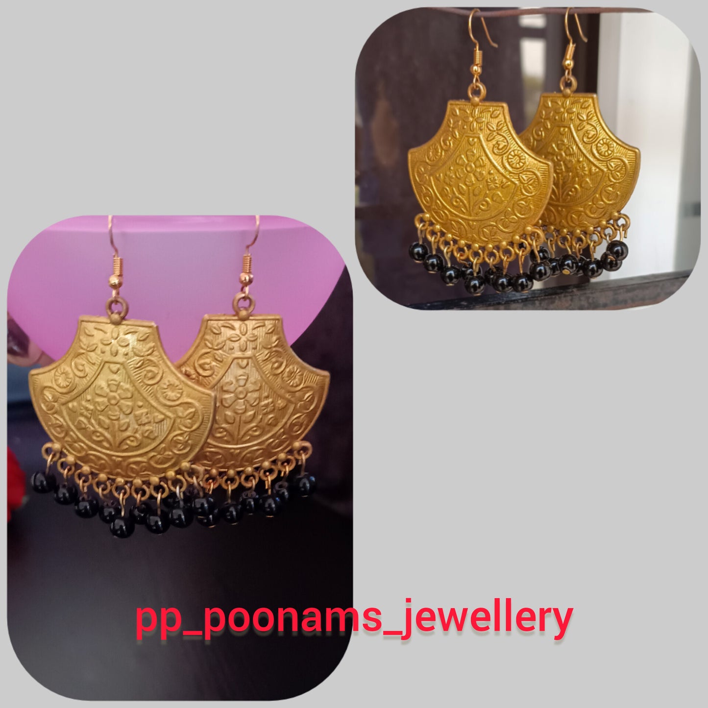 Gold Matte Finish with Black Beads Earring