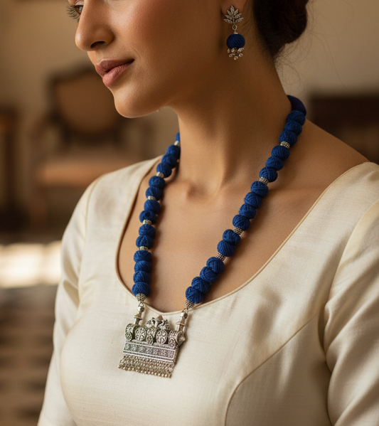 Oxidised Silver Plated Adjustable Cotton Thread Necklace Set