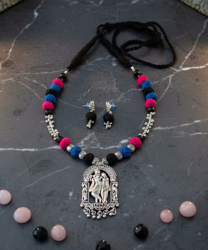 Oxidised Silver Plated Adjustable Cotton Thread Necklace Set