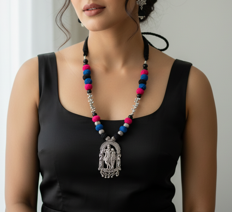Oxidised Silver Plated Adjustable Cotton Thread Necklace Set