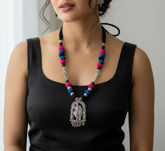Oxidised Silver Plated Adjustable Cotton Thread Necklace Set