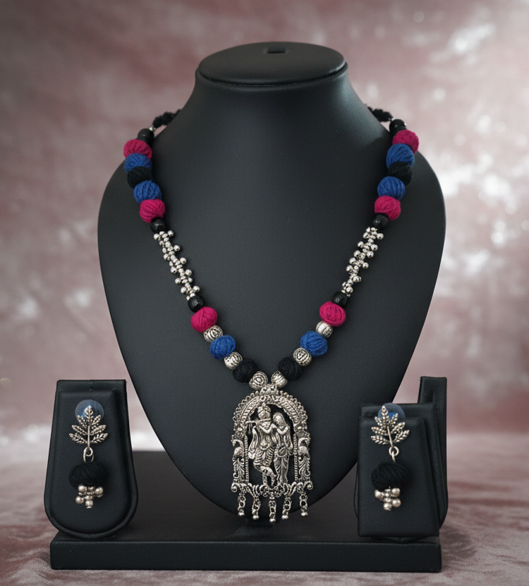 Oxidised Silver Plated Adjustable Cotton Thread Necklace Set