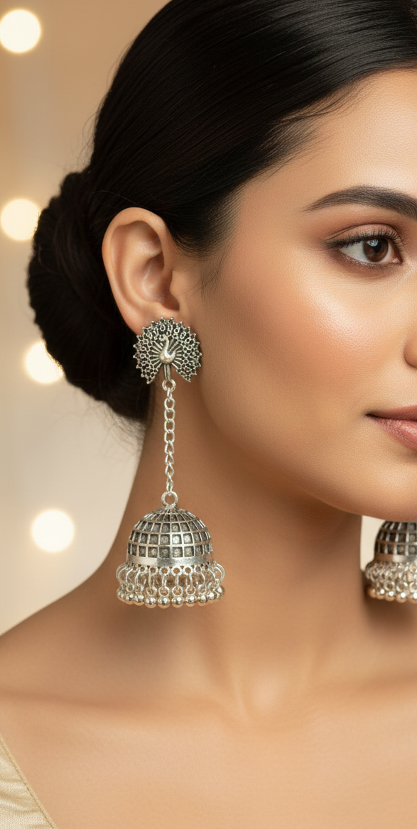 Oxidised Silver Plated Chain Jhumkas