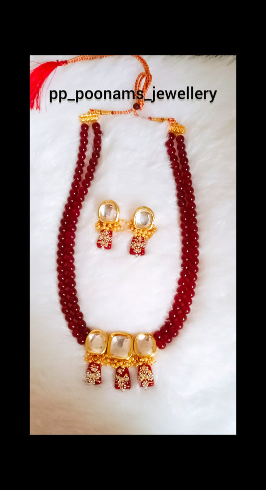 Gold-Plated Maroon Beads Kundan Necklace Set