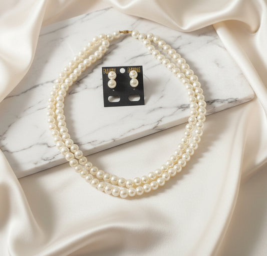 Off- White Pearl Necklace Set (2 Layers 8mm)