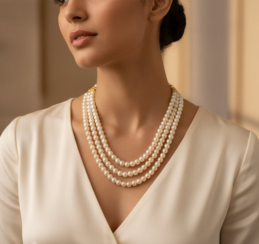 Off- White Pearl Necklace Set (3 Layers 8mm)