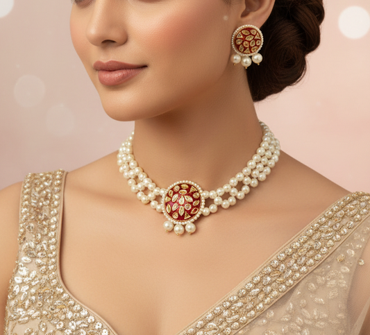 Kundan Pendant with Off White Pearl Necklace Set