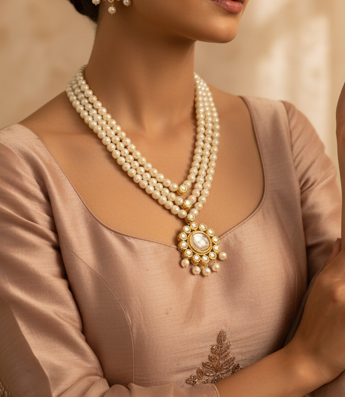 Kundan Pendant Necklace Set (8mm)