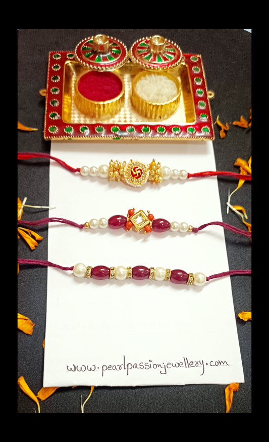 Combo of 3 Swastik Kundan Pendant Rakhi