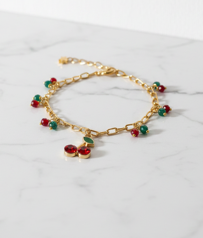 Gold-Plated Cherry Charm Crystal Beads Bracelet