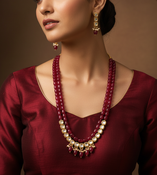 Gold-Plated Maroon Rani-Haar Necklace Set