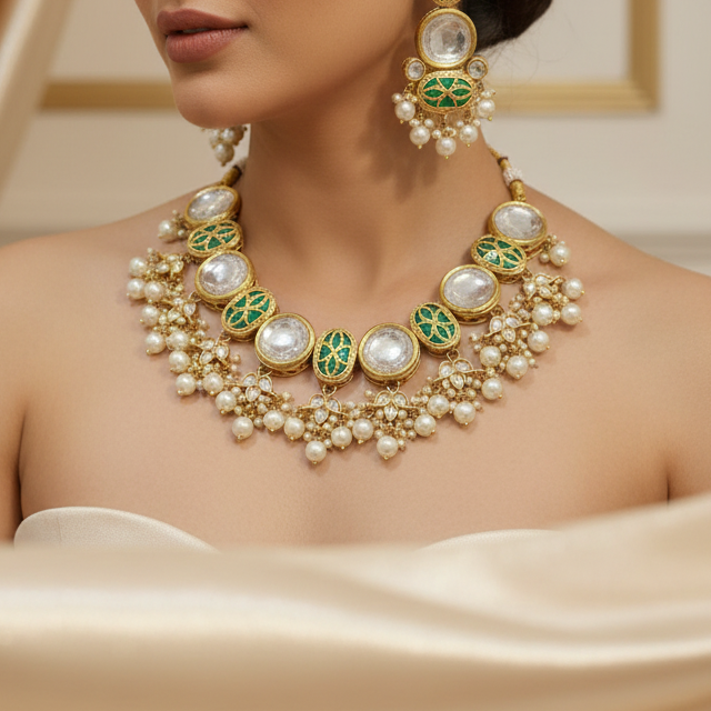 Gold-Plated Semi-Braidal Kundan Necklace Set