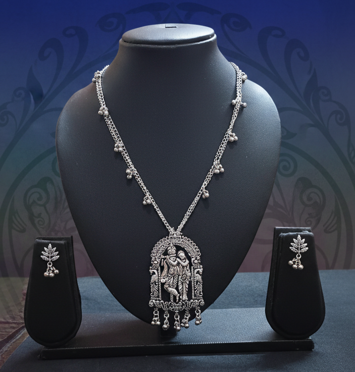 Oxidised Silver Chain Radha-Krishna Pendant Necklace
