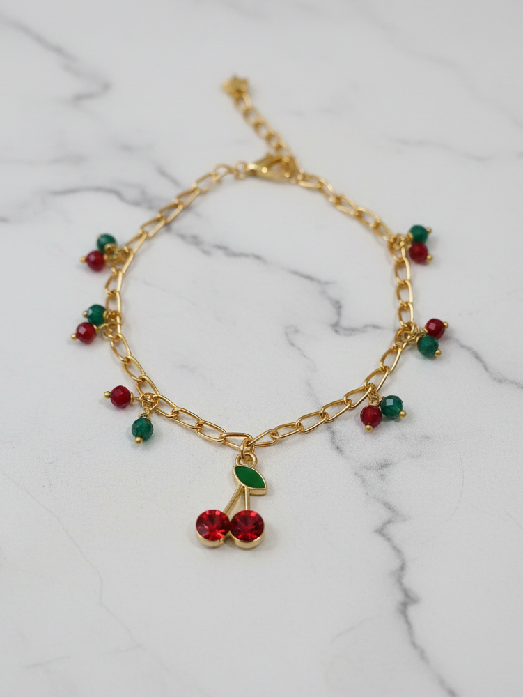Gold-Plated Cherry Charm Crystal Beads Bracelet
