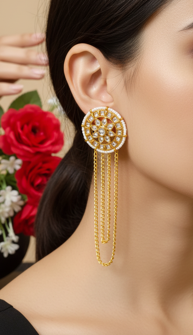 Chain Kundan Chandbali Earrings