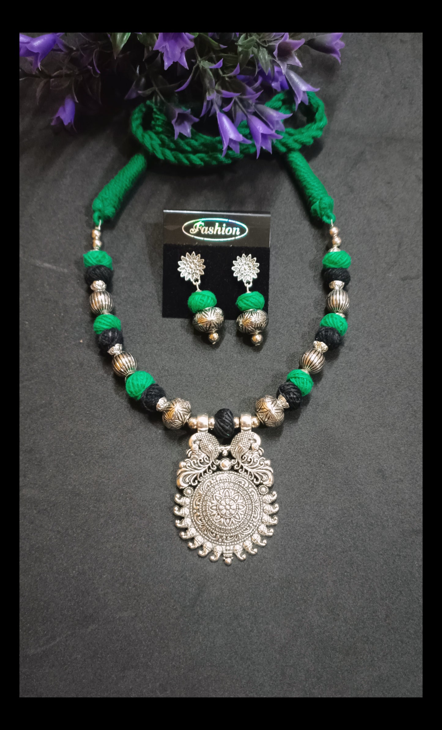 Oxidised Adjustable Black & Green Thread Necklace Set
