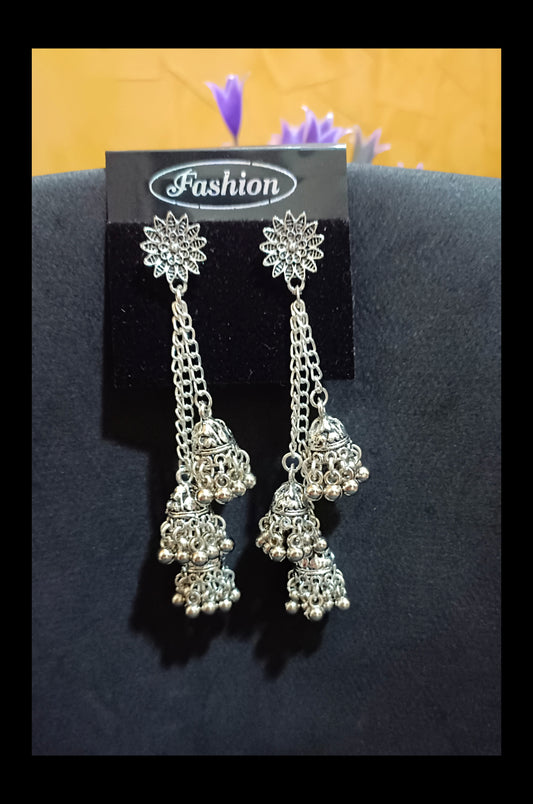 Oxidised Silver Plated Chain Jhumkas