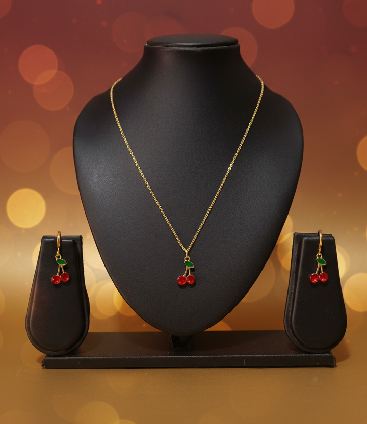 Anti-tarnish Gold-Plated Cherry Pendant Necklace Set