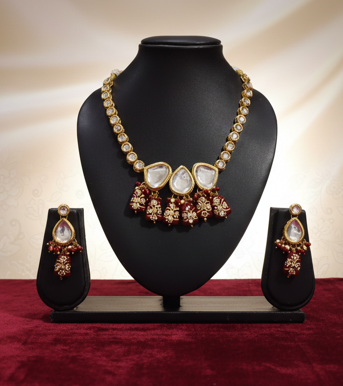 Maroon Meenakari Kundan Necklace with Earrings